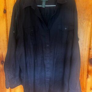 Ralph Lauren black blouse double pockets LINEN button down shirt womens 3X